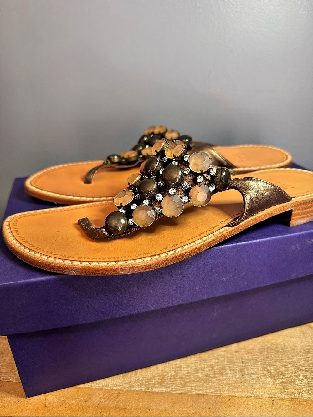 Stuart Weitzman Geegaw Embellished Leather Sandals Brown US 7E